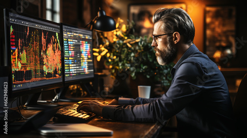 Crypto trader investor analyst looking at computer screen analyzing financial graph data on pc monitor