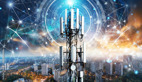 Telecommunication tower with 5G transmitters. Cellular base station with transmitting antennas on telecommunication tower against abstract technological background. photo