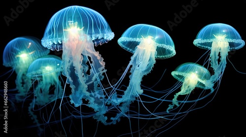  a group of jellyfish floating in the water together on a black background.  generative ai © Anna