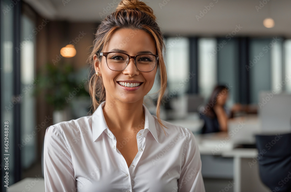 Portrait of a business woman in glasses against the background of the office Portrait of a business woman in glasses against the background of the office