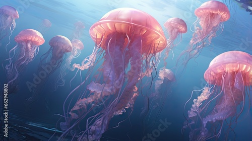  a group of jellyfish swimming in a blue ocean water.  generative ai © Anna