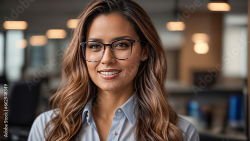 Portrait of a business woman in glasses against the background of the office