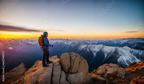 Backpacker on the top of a snow covered mountain during a beautiful sunset © whitecityrecords