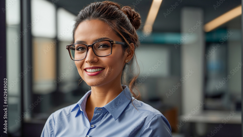 Fototapeta premium Portrait of a business woman in glasses against the background of the office