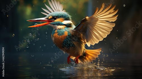  a colorful bird with its wings spread out in the water.  generative ai