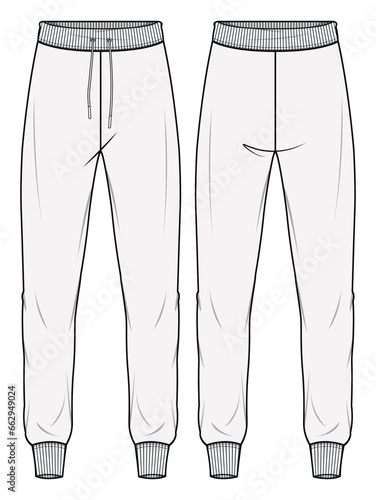 Tapered Jogger Pant, High Rib Hem Jogger  Front and Back View. Fashion Flat Sketch Vector Illustration, CAD, Technical Drawing, Flat Drawing, Template, Mockup.