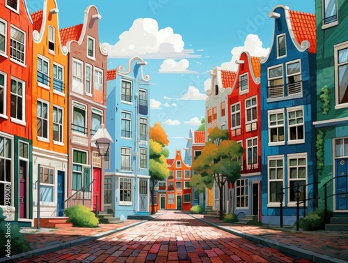 A painting of a city street with colorful buildings