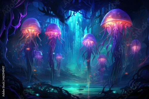 Luminescent jellyfish guardians  illuminating the depths of the ocean with their glow - Generative AI