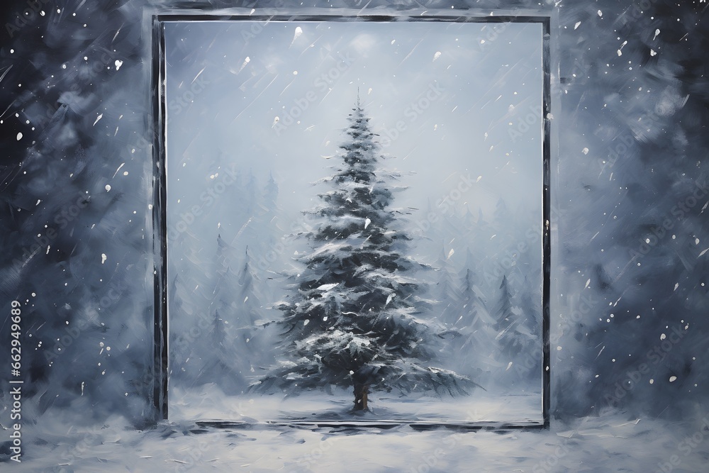 Fototapeta premium A scene with a Christmas tree in a frame with snow behind the walls. Acrylic painting