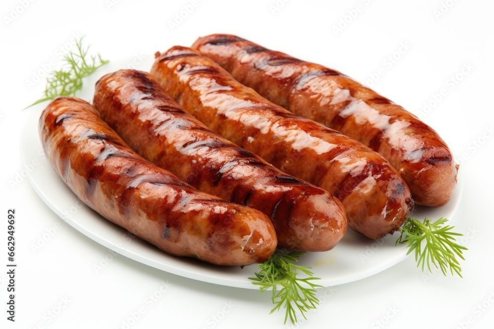 Four grilled sausages on a white plate, garnished with dill. Four grilled sausages on a white plate, garnished with dill.