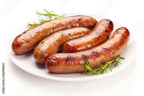 Four grilled sausages on a white plate, garnished with rosemary sprigs. photo