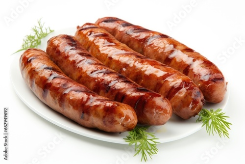 Four grilled sausages on a white plate, garnished with dill.