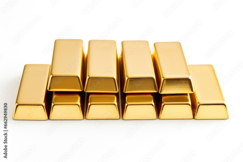 Shiny gold bars stacked on a white background. Shiny gold bars stacked on a white background.