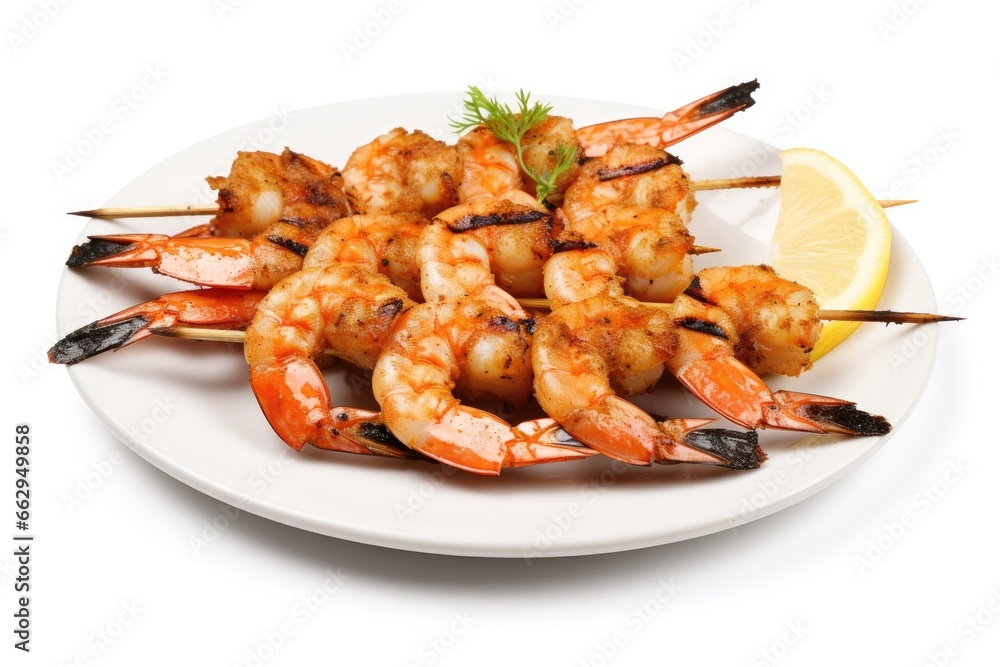 Grilled shrimp skewers garnished with lemon wedges and parsley on a white plate. Grilled shrimp skewers garnished with lemon wedges and parsley on a white plate.