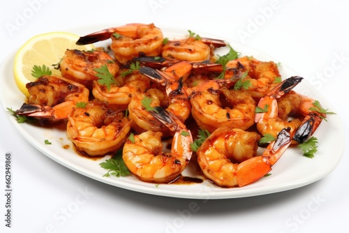 Grilled shrimp skewers garnished with lemon wedges and parsley on a white plate.