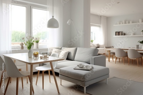 Minimalist living room with sofa and dinner table. Scandinavian interior design. Generative AI
