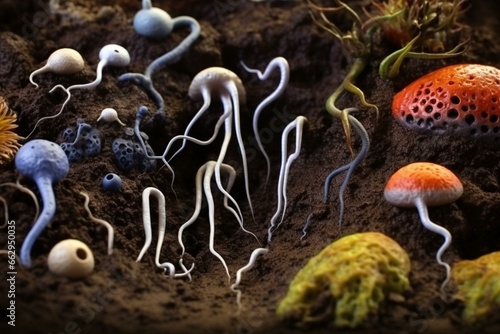 Microscopic view of nematodes, fungi and other microorganisms in soil. Generative AI photo