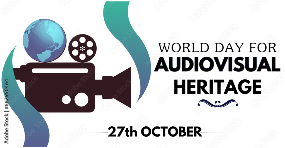 World day for Audiovisual Heritage, camera and earth icon with typography design