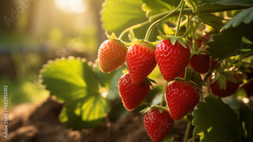 Ripe Juicy Strawberries in a Sunlit Garden