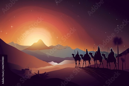 Three wise men journey to Bethlehem with Mary  Joseph  and baby Jesus in a digital art illustration. Generative AI