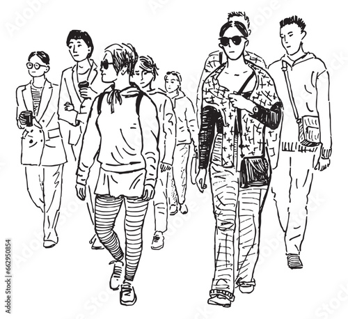 Sketch of crowd casual urban pedestrians walking along street