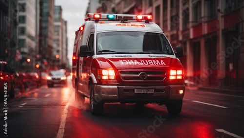 a medical emergency ambulance car driving with red lights on through the city on a road in the day time