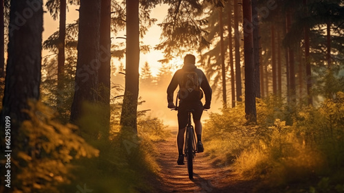 young man riding bike in forest at sunrise. active and healthy lifestyle concept. extreme sport.