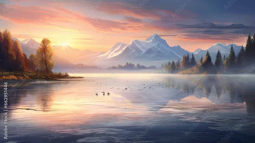  a painting of a lake with mountains in the background and ducks swimming in the water.  generative ai