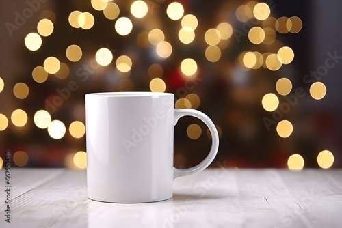 Blank white mug mockup on wooden table with christmas tree lights bokeh background. Holiday template composition. Copy space.