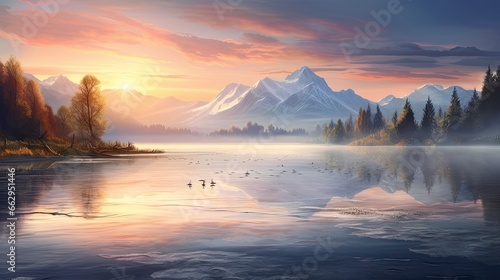  a painting of a lake with mountains in the background and ducks swimming in the water. generative ai