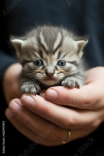 man is holding an fluffy kitten in his hands. pet, cat under protection. care and education, obedience training, raising