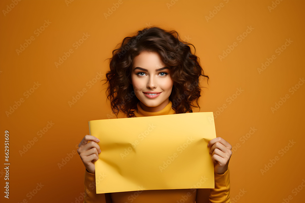 Young brunette woman holding a yellow blank placard or empty paper sign banner in her hands, on brown background. Design poster template, print presentation mock-up. Young brunette woman holding a yellow blank placard or empty paper sign banner in her hands, on brown background. Design poster template, print presentation mock-up.