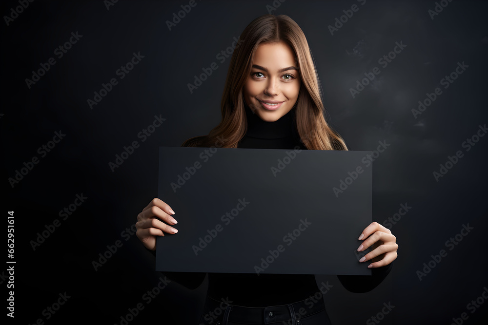 Naklejka premium Young brunette woman holding a black blank placard or empty paper sign banner in her hands, on dark background. Design poster template, print presentation mock-up.