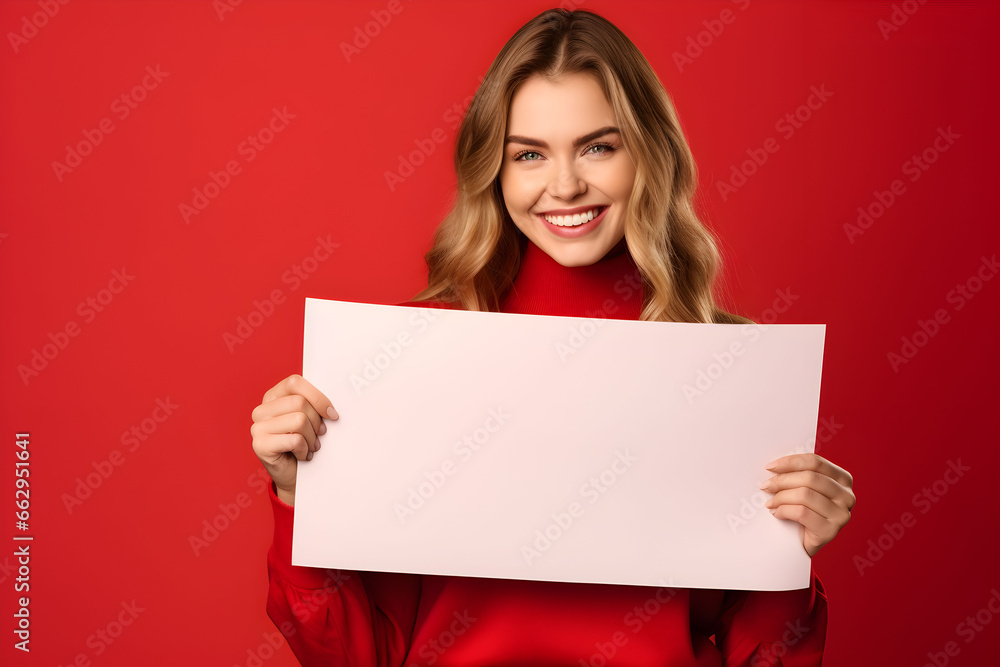 Young blonde woman holding a blank placard or empty paper sign banner in her hands, on red background. Design poster template, print presentation mock-up. Young blonde woman holding a blank placard or empty paper sign banner in her hands, on red background. Design poster template, print presentation mock-up.