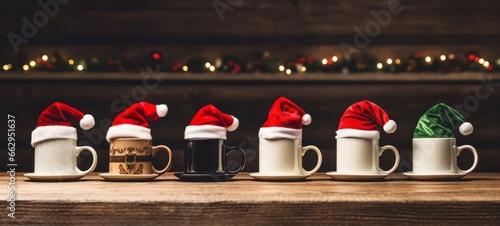 Christmas Saint Nicholas Day holiday celebration greeting card - Many cups with Santa Claus hat on wooden table and bokeh lights in the background photo