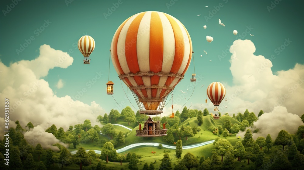 Fototapeta premium a painting of a hot air balloon flying over a forest. generative ai