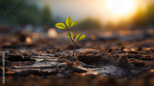 Lonely green plant on dry cracked earth natural light.