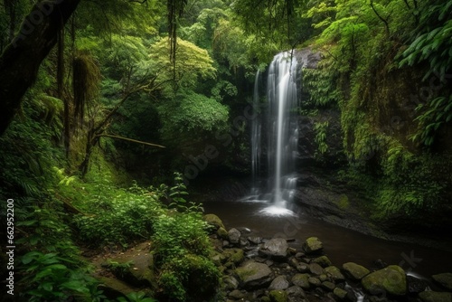 Scenic waterfall amidst lush woods. Generative AI