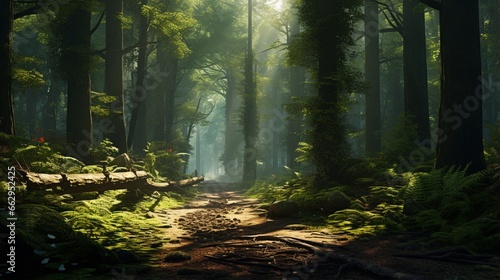 An immersive forest-themed wallpaper that transports you deep into the woods, surrounded by towering trees and dappled sunlight filtering through the leaves