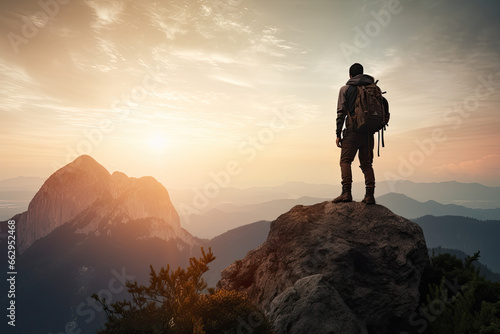 Climber on submit, beautiful landscape, mountain top, gorgeous background, reaching the summit, success, 