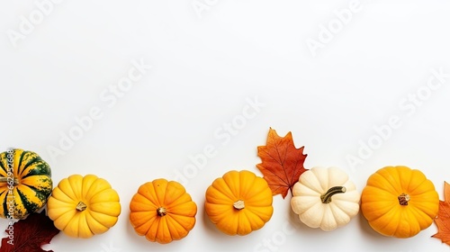 Autumnal Display of Vibrant Pumpkins And Maple Leaves On A Clean White Background