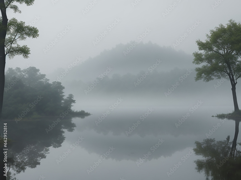 A scene showing a serene misty morning