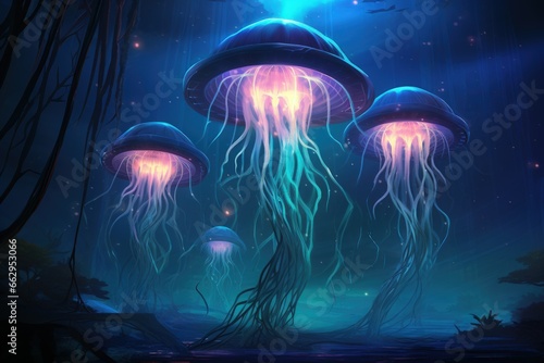 Luminescent jellyfish guardians, illuminating the depths of the ocean with their glow - Generative AI