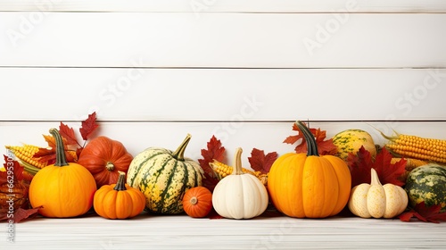 Autumnal Composition Featuring Pumpkins, Maple Leaves and Corn in Various Sizes, Shapes, and Colors