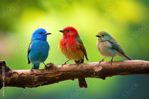 Three colorful birds perched on a tree branch