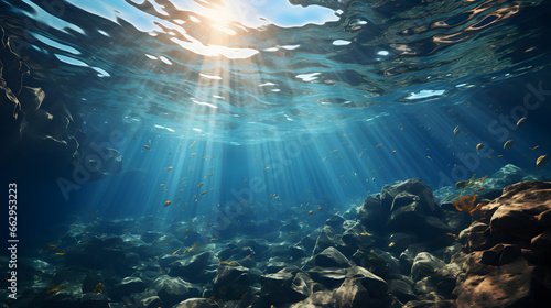 Underwater view, sun rays in background.