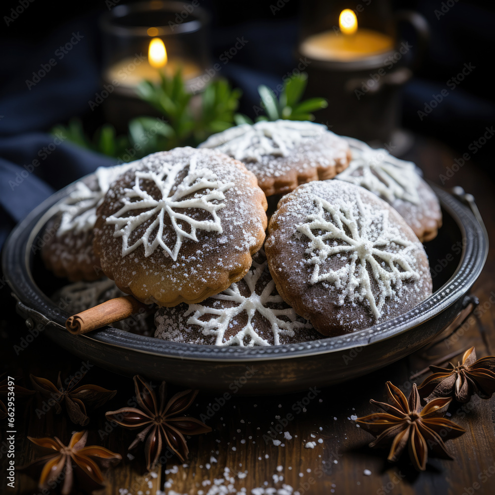 Set the mood for a festive Christmas event with a rustic table, adorned with gingerbread cookies, pine cones, and aromatic spices like cinnamon and anise.