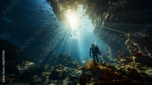 Undersea view of diver back view  group of fish  sun ray.