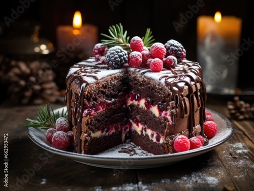 A chocolate cake with raspberries and chocolate icing.