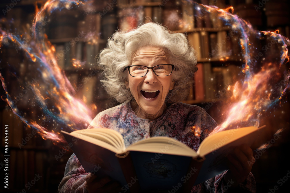 cheerful adult woman, grandmother reads literature. magic and imagination from learning. is delighted with the training